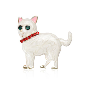 Enamel Cat Brooch Green Crystal Eyes Red Rhinestone Collar