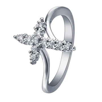 Gold White Metal Clear Zircon Cross Ring Split Band Alloy