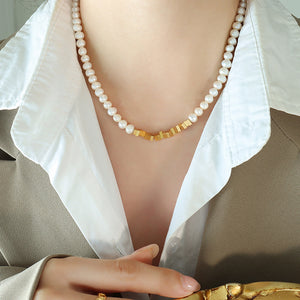White Pearl Necklace Gold Geometric Square Bead Center