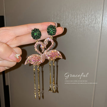 Flamingo Crystal Tassel Earrings in Pink and Green