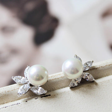Silver Pearl Flower Stud Earrings Marquise CZ Leaves