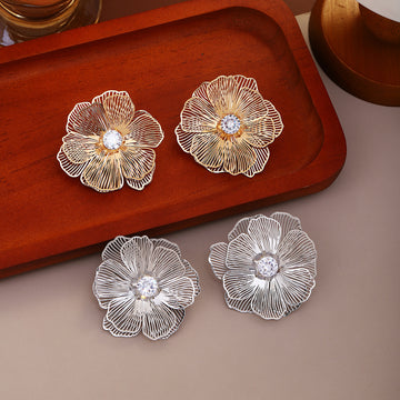Gold and Silver Open Wire Flower Clear Center Stud Earrings