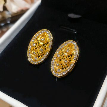 Gold Tone Open Oval Stud Earrings with Clear Crystal Borders