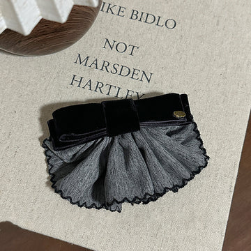 Black Velvet Bow Gray Ruffle Lace Fabric Twist Hair Clip