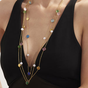Long Gold Chain Square Cat Eye Stone Necklaces Shell Bead