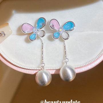 Pastel Butterfly Wing Stud Earrings With Round Pearl Drops