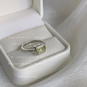 Silver Olive Green Rectangular Crystal Open Adjustable Ring