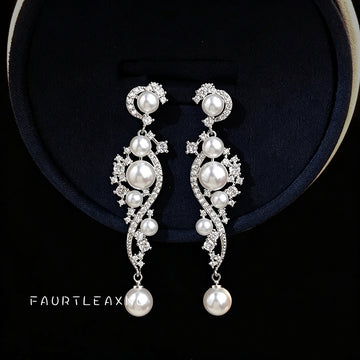 Silver Pearl Crystal Vine Swirl Long Drop Earrings