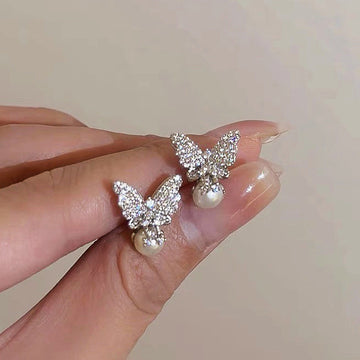 Silver Tone Marquise Crystal Butterfly Stud Earrings