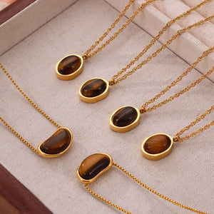 Tiger Eye Black Stone Oval Bean Pendant Necklaces Gold Steel