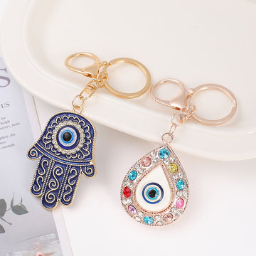 Evil Eye Hamsa Hand Teardrop Keychain Enamel Rhinestone Charm