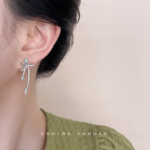 Silver Light Blue Teardrop Crystal Bow Long Drop Earrings