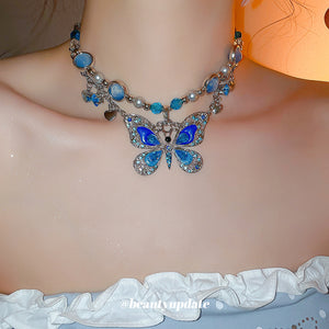 Silver Blue Enamel Rhinestone Butterfly Choker Necklace