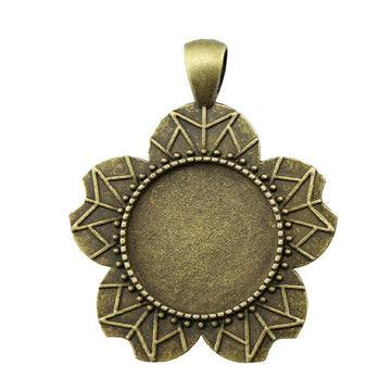 Petal Flower Round Cabochon Pendant Tray in Antique Bronze