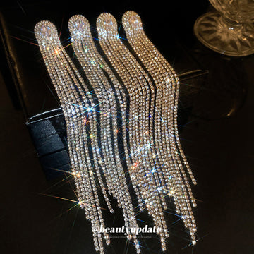 Long Crystal Fringe Statement Earrings in Gold and Silver Tones