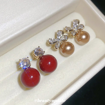 Red Pearl Style Drop Earrings with Crystal Square Studs