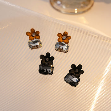 Brown Flower Clear Rectangle Crystal Stud Earrings