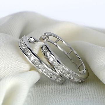 Double Row Crystal Hoop Earrings in Silver Tone with Clear Crystal Details