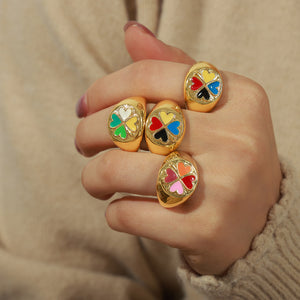 Gold Enamel Four Heart Clover Signet Ring Adjustable
