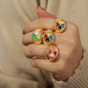 Gold Enamel Four Heart Clover Signet Ring Adjustable
