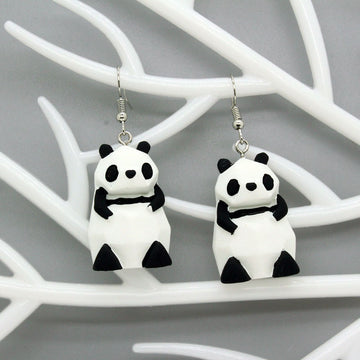 Black and White Panda Figural Drop Earrings with Silver Tone Hooks