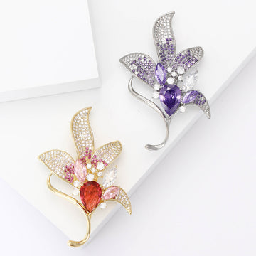 Elegant Crystal Lily Flower Brooch in Purple and Pink