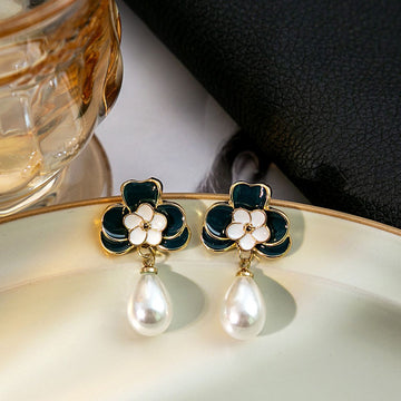 Navy and White Flower Pearl Look Teardrop Earrings