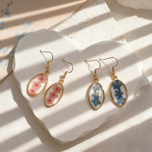 Oval Gold Frame Dried Flower Resin Drop Earrings Pink Blue