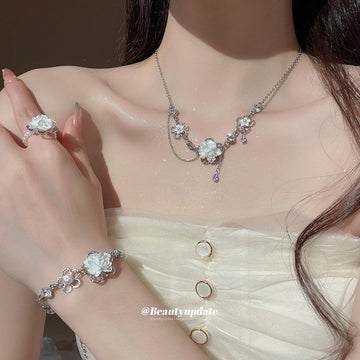 Silver White Rose Flower Bracelet Pearls Crystal Accents
