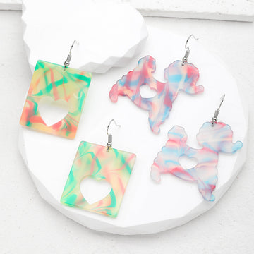 Silver Tone Marbled Dog and Heart Acrylic Hook Earrings