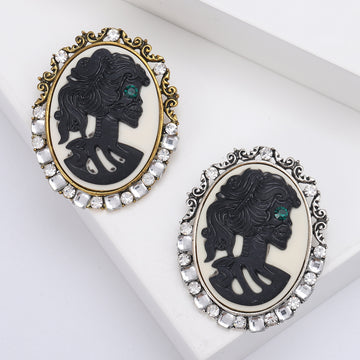 Skeleton Lady Cameo Brooch with Crystal Border Decorative Metal Pin