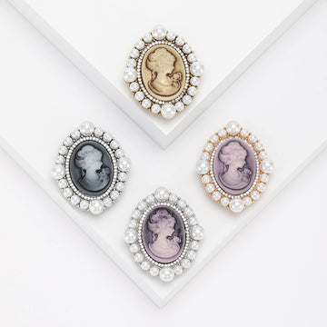 Cameo Pearl Oval Brooch Silver Gold Lilac Grey or Beige Pin