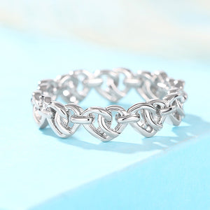 White Metal Linked Heart Chain Band Ring Sizes 6-10