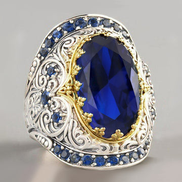 Deep Blue Oval Stone Ornate Statement Ring Antiqued Silver Tone