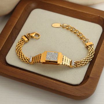 Watch-Style Mesh Bracelet Square Face Shell Stripe Crystal