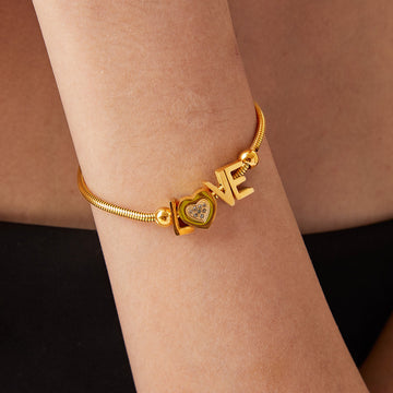 Gold Stainless Steel LOVE Letter Heart Bracelet Snake Chain