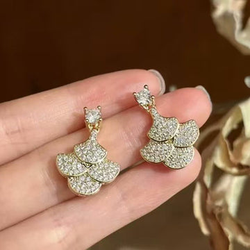Crystal Fan Stud Earrings With Scalloped Layers In Two Tones