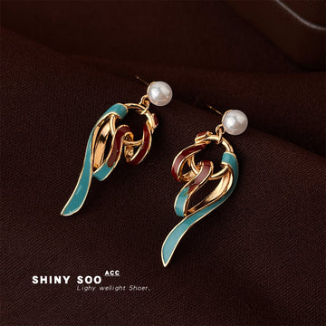 Gold Tone Aqua Red Ribbon Swirl Pearl Top Drop Stud Earrings