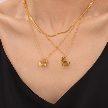 Layered Mechanical Cat Dog Pendant Necklaces Gold Snake Chain