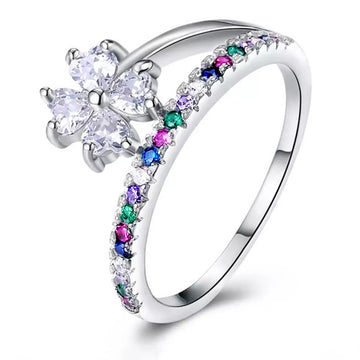 Clear Floral Cluster Ring with Multicolor Pavé Band