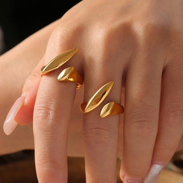 Open Band Dual Leaf Rings Gold Steel Tone Titanium Steel
