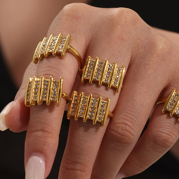 Gold Open Cuff Multi-Bar Zircon Statement Ring Size 7