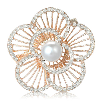 Openwork Pearl Flower Brooch in Rose Gold or Silver Tone
