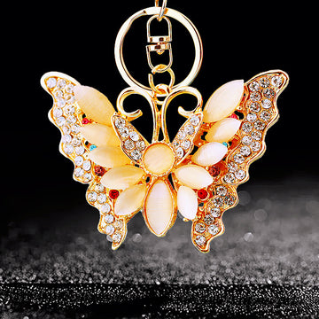 Moonstone Butterfly Keychain with White Petal Stones and Crystal Wings