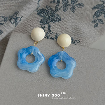 Resin Drop Earrings Blue Flower and Mustard Teardrop