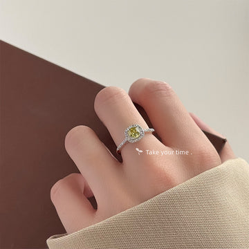 Silver Tone Olive Green Square Stone Clear Halo Open Ring