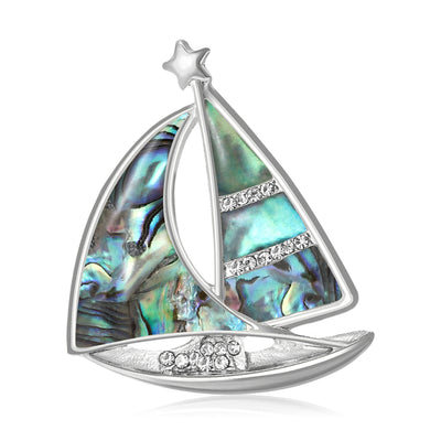 Abalone Shell Sailboat Brooch front view on a plain background