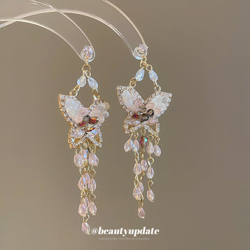 Pink Crystal Butterfly Long Tassel Stud Earrings Jewelry Pair