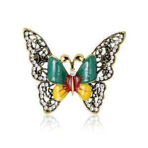 Enamel Butterfly Brooch Filigree Wings Rhinestone Frame Pin