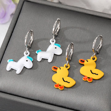 Silver Tone Yellow Duck and White Horse Huggie Drop Earrings